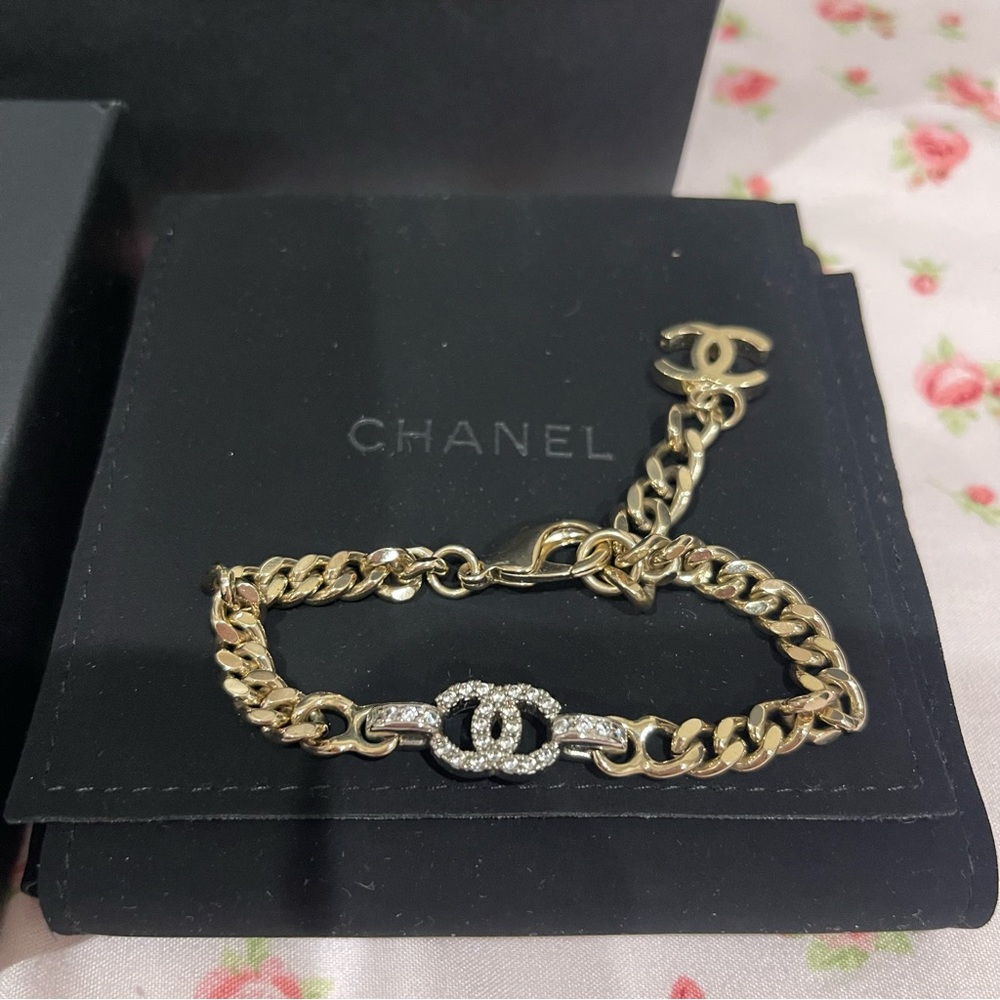 CHANEL Gold and Silver Tone CC Logo Chain Bracelet